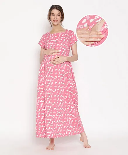 Bella Mama Half Sleeves Maternity Round Neck Heart Print Nighty - Pink