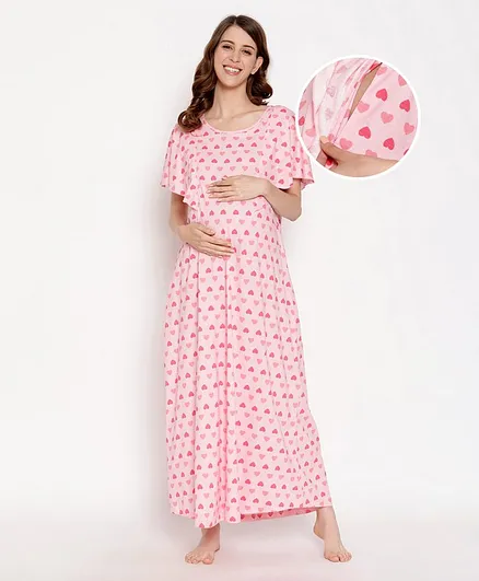 Bella Mama Flare Sleeves Heart Printed Nursing Nighty - Pink