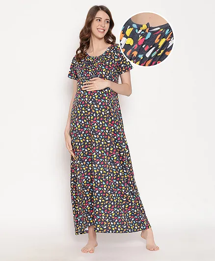 Bella Mama Half Sleeves Floral Printed Nursing Nighty - Blue
