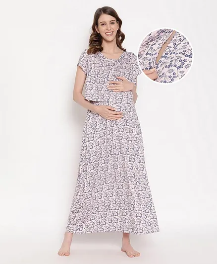 Bella Mama Half Sleeves Maternity Cowl Neck Floral Print Nighty - Pink
