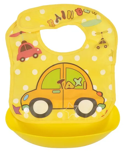 Yellow Bee Car Printed Bib with Crumb Catcher Tray - Yellow