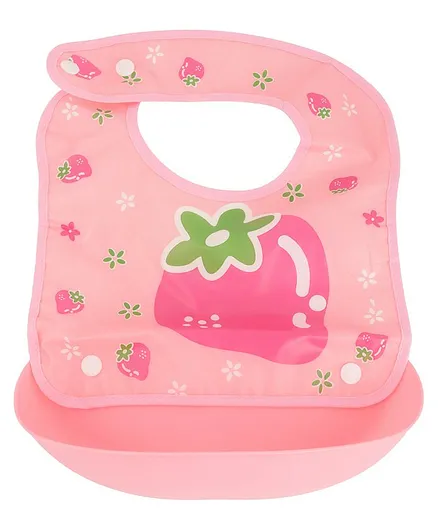 Yellow Bee Pink & Blue Printed Bib with Crumb Collector - Pink