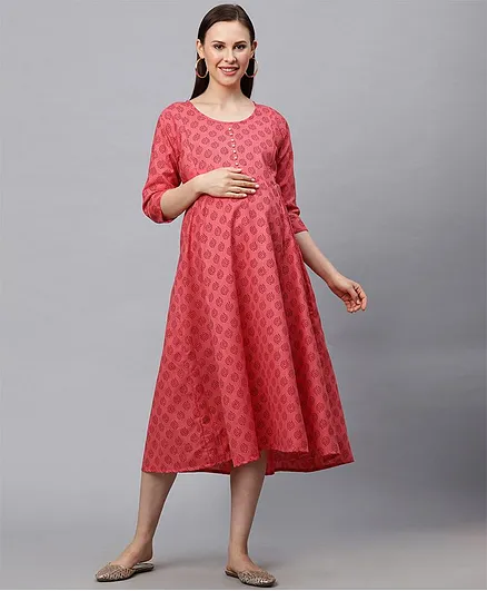 MomToBe Three Fourth Sleeves Floral Printed Maternity Dress - Peach