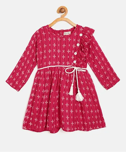 Bella Moda Full Sleeves Symbols Print Fit & Flare Dress - Red