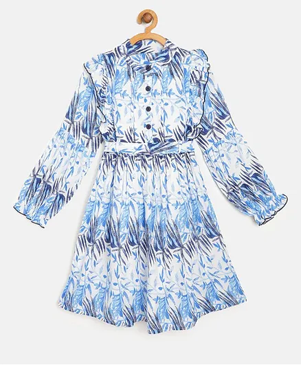 Bella Moda Full Sleeves Leaves Print Fit & Flare Dress - White & Blue