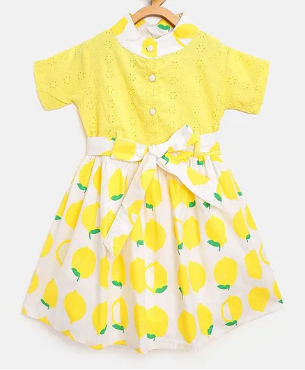 Bella Moda Half Sleeves Lemon Print Fit & Flare Dress - Yellow
