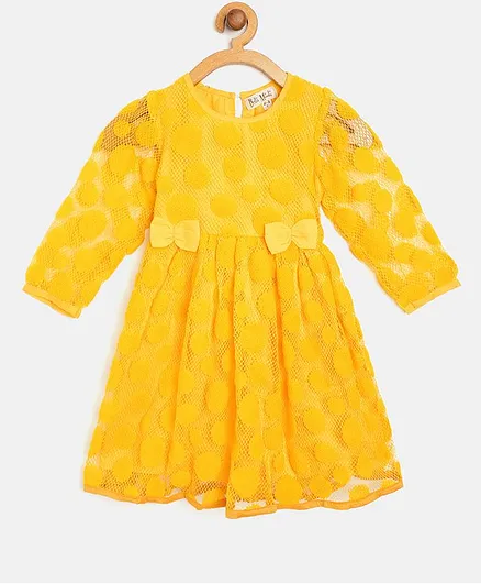 Bella Moda Full Sleeves Self Polka Dots Detailing Bow Embellished Dress - Yellow
