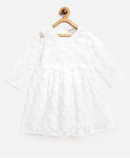 Bella Moda Full Sleeves Self Polka Dots Detailing Bow Embellished Dress - White