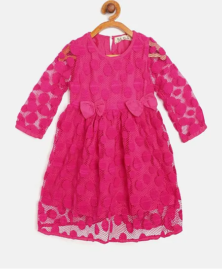 Bella Moda Full Sleeves Self Polka Dots Detailing Bow Embellished Dress - Pink