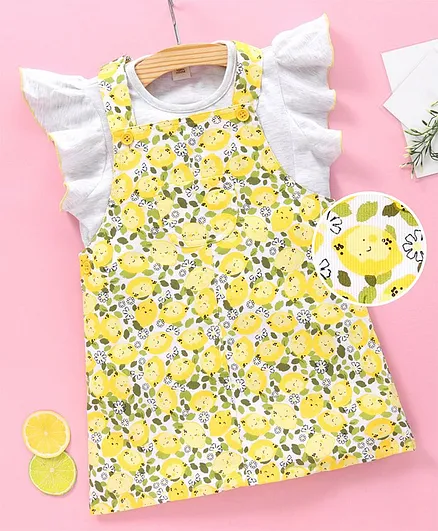 ToffyHouse Frock with Flutter Sleeves Tee Floral Print - Yellow