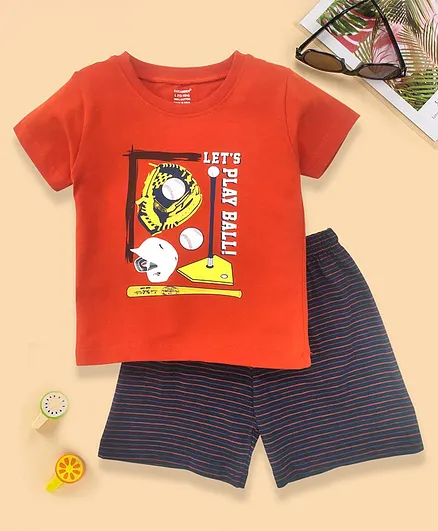 Cucumber Half Sleeves Tee & Stripe Shorts Baseball Print - Red Navy
