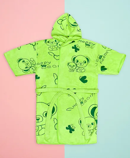 The Little Lookers Half Sleeves Hooded Bath Robe Bear Print - Green