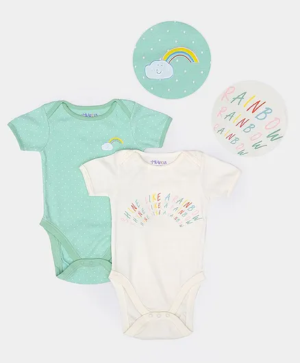 Mi Arcus Pack Of 2 Short Sleeves Polka Dot & Rainbow Print Detailing Onesies - Green & White