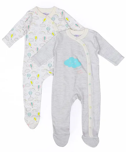 Mi Arcus Pack Of Full Sleeves Rainbow & Cloud Printed Sleep Suits - Grey