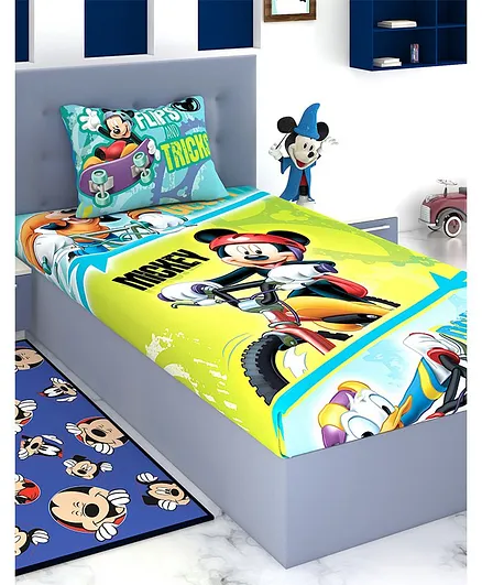 Athom Trendz Disney Mickey Mouse Single Bed Sheet with Pillow Cover - Green