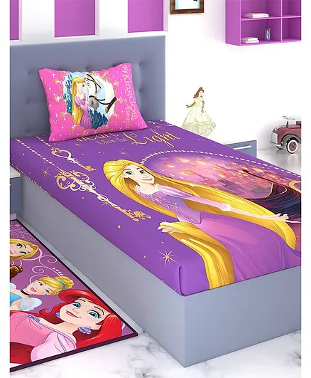 Athom Trendz Disney Princess Single Bed Sheet with Pillow Cover - Purple