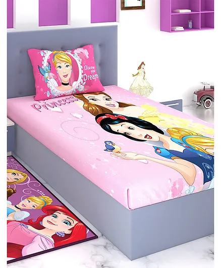 Athom Trendz Disney Princess Single Bed Sheet with Pillow Cover - Pink