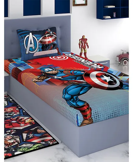 Athom Trendz Marvel Captain America Single Bedsheet with Pillow - Blue Red
