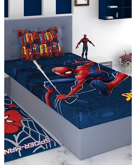 Athom Trendz Marvel Spiderman Single Bedsheet with Pillow - Blue Red