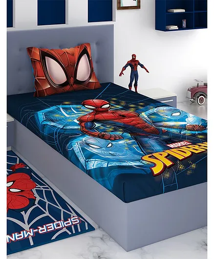 Athom Trendz Marvel Spiderman Single Bedsheet with Pillow - Blue Red