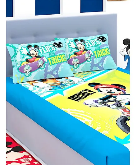 Athom Trendz Disney Mickey Mouse Double Bed Sheet with Pillow Covers - Green