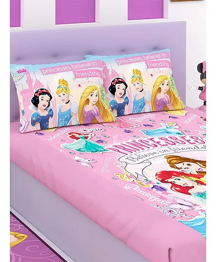 Athom Trendz Disney Princesses Double Bed Sheet with Pillow Covers - Pink