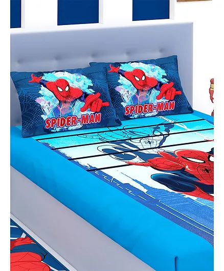 Athom Trendz Spider Man Double Bed Sheet with Pillow Covers - Blue