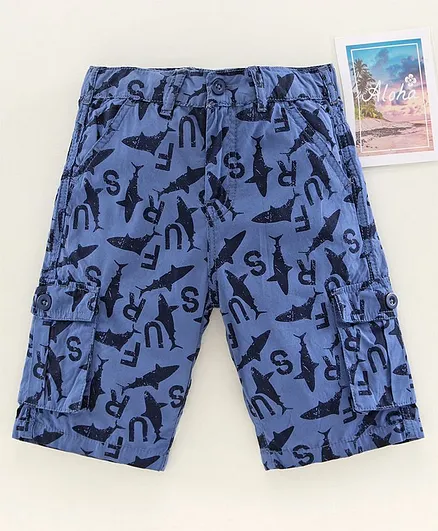 Kiddopanti Shark Print Knee Length Cargo Shorts - Blue