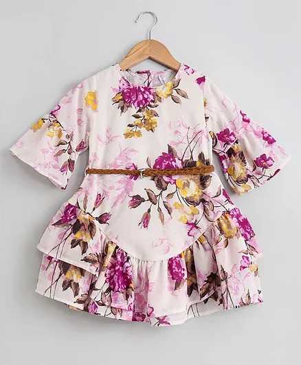 Kiddopanti Half Sleeves Floral Print Layered Dress - Pink