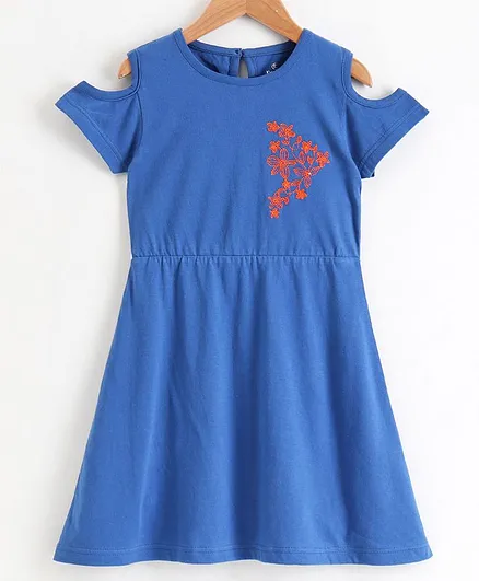 Kiddopanti Cold Shoulder Short Sleeves Flora Design Dress - Blue