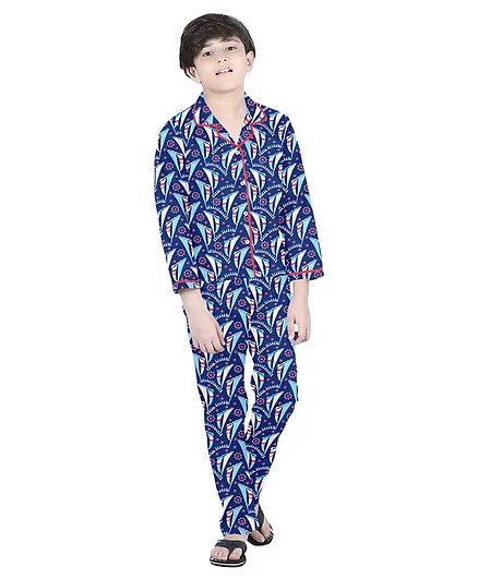 Funkrafts Full Sleeves 100% Cotton Nautical Print Night Suit - Dark Blue