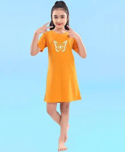 Funkrafts Half Sleeves 100% Cotton Butterfly Print Night Dress - Yellow