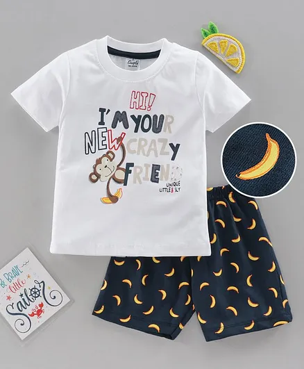 Simply Half Sleeves Tee and Shorts Set Monkey Print - White