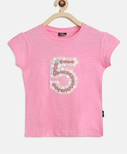 Li'L tomatoes Short Sleeves Lacey Number 5 Embellished Top With A Surprise Gift - Pink