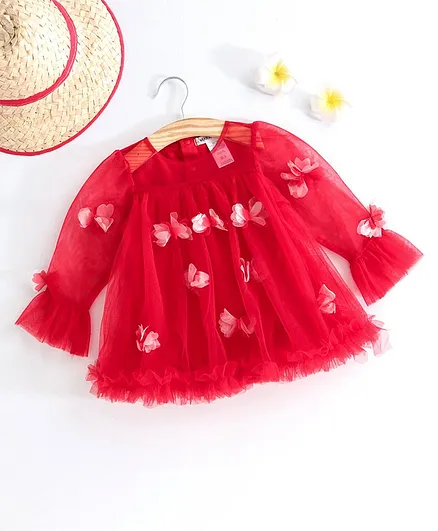 Mark & Mia Full Sleeves Frock Style Onesie Floral Applique - Red