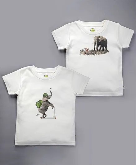 Pranava Half Sleeves Pack Of Two Elephant Print Tee - White