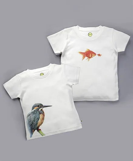Pranava Half Sleeves Pack Of 2 Bird Print Tee - White