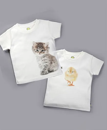 Pranava Half Sleeves Pack Of 2 Kitten Print Tee - White