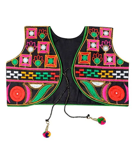 Banjara India Sleeveless Square Work Embroidery Short Jacket - Black