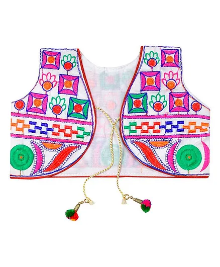 Banjara India Sleeveless Square Work Embroidery Short Jacket - White