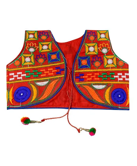 Banjara India Sleeveless Square Work Embroidery Short Jacket - Red
