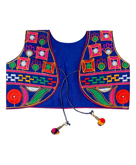 Banjara India Sleeveless Square Work Embroidery Short Jacket - Blue
