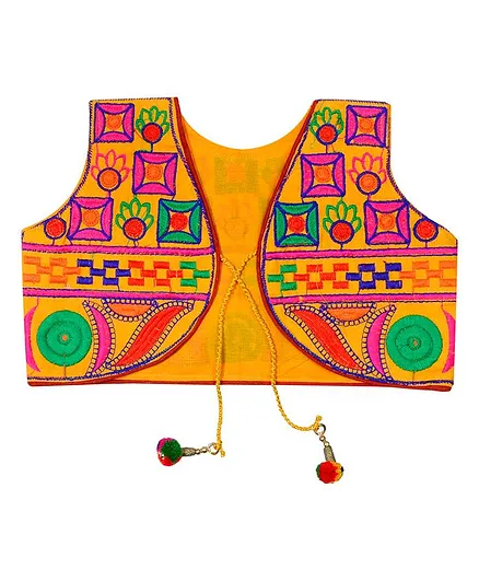 Banjara India Sleeveless Square Work Embroidery Short Jacket - Yellow