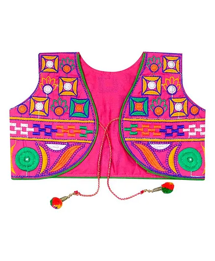 Banjara India Sleeveless Square Work Embroidery Short Jacket - Pink