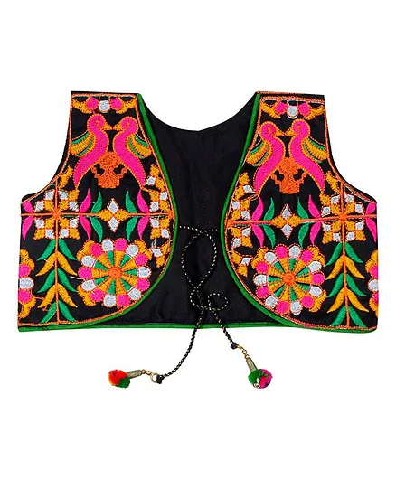 Banjara India Sleeveless Bird Work Embroidery Jacket - Black