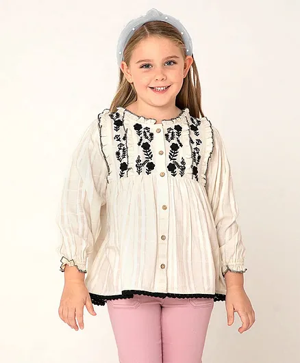 Cherry Crumble By Nitt Hyman Full Sleeves Flower Embroidery Frill Top - Cream