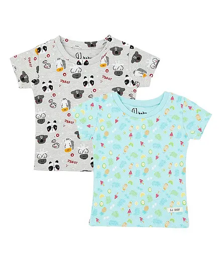 GINI & JONY Short Sleeves Animals & Fruits Print Pack Of 2 Tee - Blue Grey
