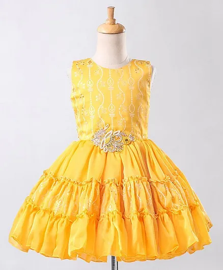 Enfance Sleeveless Self Printed Flared Layered Dress - Yellow