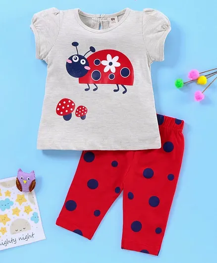 ToffyHouse Half Sleeves Night Suit Beetle Print - Red Grey