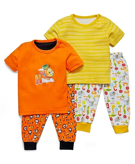 Kidi Wav Pack Of 2 Pair Of Half Sleeves Animals Printed Tee & Bottoms Set - Yellow & Orange